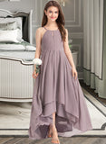 Dylan A-Line Scoop Neck Asymmetrical Chiffon Junior Bridesmaid Dress With Ruffle Bow(s) STIP0013326