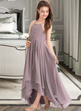 Dylan A-Line Scoop Neck Asymmetrical Chiffon Junior Bridesmaid Dress With Ruffle Bow(s) STIP0013326