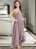 Dylan A-Line Scoop Neck Asymmetrical Chiffon Junior Bridesmaid Dress With Ruffle Bow(s) STIP0013326