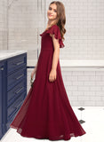 Chanel A-Line V-neck Floor-Length Chiffon Junior Bridesmaid Dress With Cascading Ruffles STIP0013327