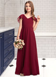 Chanel A-Line V-neck Floor-Length Chiffon Junior Bridesmaid Dress With Cascading Ruffles STIP0013327