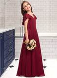 Chanel A-Line V-neck Floor-Length Chiffon Junior Bridesmaid Dress With Cascading Ruffles STIP0013327