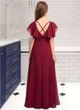 Chanel A-Line V-neck Floor-Length Chiffon Junior Bridesmaid Dress With Cascading Ruffles STIP0013327