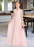 Presley A-Line V-neck Floor-Length Chiffon Junior Bridesmaid Dress With Ruffle STIP0013328