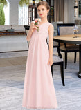 Presley A-Line V-neck Floor-Length Chiffon Junior Bridesmaid Dress With Ruffle STIP0013328