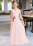 Presley A-Line V-neck Floor-Length Chiffon Junior Bridesmaid Dress With Ruffle STIP0013328