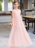 Presley A-Line V-neck Floor-Length Chiffon Junior Bridesmaid Dress With Ruffle STIP0013328