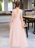 Presley A-Line V-neck Floor-Length Chiffon Junior Bridesmaid Dress With Ruffle STIP0013328