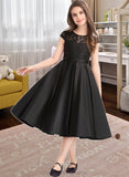 Kelsie A-Line Scoop Neck Knee-Length Satin Lace Junior Bridesmaid Dress With Pockets STIP0013335