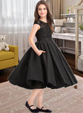 Kelsie A-Line Scoop Neck Knee-Length Satin Lace Junior Bridesmaid Dress With Pockets STIP0013335