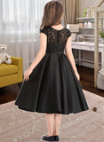 Kelsie A-Line Scoop Neck Knee-Length Satin Lace Junior Bridesmaid Dress With Pockets STIP0013335