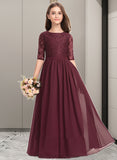 Riya A-Line Scoop Neck Floor-Length Chiffon Lace Junior Bridesmaid Dress STIP0013336