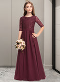 Riya A-Line Scoop Neck Floor-Length Chiffon Lace Junior Bridesmaid Dress STIP0013336