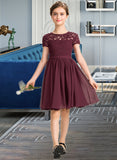 Ava A-Line Scoop Neck Knee-Length Chiffon Lace Junior Bridesmaid Dress With Bow(s) STIP0013339