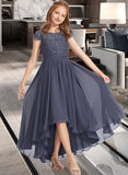 Araceli A-Line Scoop Neck Asymmetrical Chiffon Lace Junior Bridesmaid Dress STIP0013341