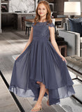 Araceli A-Line Scoop Neck Asymmetrical Chiffon Lace Junior Bridesmaid Dress STIP0013341