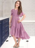 Jordin A-Line V-neck Asymmetrical Chiffon Junior Bridesmaid Dress With Cascading Ruffles STIP0013342