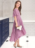 Jordin A-Line V-neck Asymmetrical Chiffon Junior Bridesmaid Dress With Cascading Ruffles STIP0013342