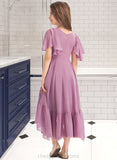 Jordin A-Line V-neck Asymmetrical Chiffon Junior Bridesmaid Dress With Cascading Ruffles STIP0013342