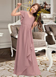 Pam A-Line V-neck Floor-Length Chiffon Junior Bridesmaid Dress With Cascading Ruffles STIP0013343