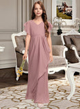 Pam A-Line V-neck Floor-Length Chiffon Junior Bridesmaid Dress With Cascading Ruffles STIP0013343