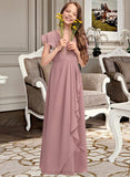 Pam A-Line V-neck Floor-Length Chiffon Junior Bridesmaid Dress With Cascading Ruffles STIP0013343