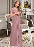 Pam A-Line V-neck Floor-Length Chiffon Junior Bridesmaid Dress With Cascading Ruffles STIP0013343