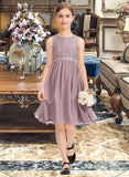 Kallie A-Line Scoop Neck Knee-Length Chiffon Lace Junior Bridesmaid Dress With Beading Bow(s) STIP0013344