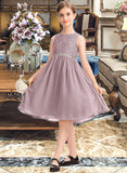 Kallie A-Line Scoop Neck Knee-Length Chiffon Lace Junior Bridesmaid Dress With Beading Bow(s) STIP0013344