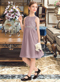 Kallie A-Line Scoop Neck Knee-Length Chiffon Lace Junior Bridesmaid Dress With Beading Bow(s) STIP0013344