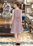 Kallie A-Line Scoop Neck Knee-Length Chiffon Lace Junior Bridesmaid Dress With Beading Bow(s) STIP0013344