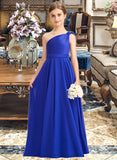 Lilith A-Line One-Shoulder Floor-Length Chiffon Charmeuse Junior Bridesmaid Dress With Ruffle STIP0013347