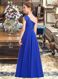 Lilith A-Line One-Shoulder Floor-Length Chiffon Charmeuse Junior Bridesmaid Dress With Ruffle STIP0013347