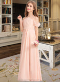 Alissa A-Line V-neck Floor-Length Chiffon Junior Bridesmaid Dress With Ruffle Bow(s) STIP0013349