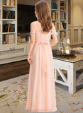 Alissa A-Line V-neck Floor-Length Chiffon Junior Bridesmaid Dress With Ruffle Bow(s) STIP0013349