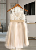 Rosalind A-Line Square Neckline Knee-Length Tulle Junior Bridesmaid Dress With Sash Bow(s) STIP0013351