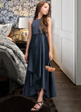 Veronica A-Line Scoop Neck Asymmetrical Satin Junior Bridesmaid Dress With Cascading Ruffles STIP0013352