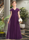 Logan A-Line V-neck Floor-Length Chiffon Junior Bridesmaid Dress With Bow(s) Cascading Ruffles STIP0013355