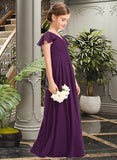 Logan A-Line V-neck Floor-Length Chiffon Junior Bridesmaid Dress With Bow(s) Cascading Ruffles STIP0013355