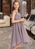 Iris A-Line V-neck Knee-Length Chiffon Lace Junior Bridesmaid Dress With Ruffle STIP0013358