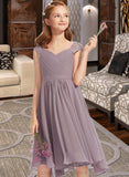 Iris A-Line V-neck Knee-Length Chiffon Lace Junior Bridesmaid Dress With Ruffle STIP0013358