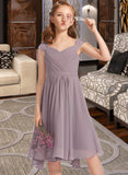 Iris A-Line V-neck Knee-Length Chiffon Lace Junior Bridesmaid Dress With Ruffle STIP0013358