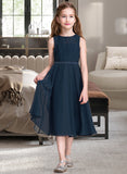 Estrella A-Line Scoop Neck Tea-Length Chiffon Junior Bridesmaid Dress With Ruffle STIP0013362