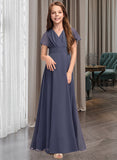 Paityn A-Line V-neck Floor-Length Chiffon Junior Bridesmaid Dress With Ruffle Bow(s) STIP0013369