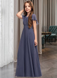 Paityn A-Line V-neck Floor-Length Chiffon Junior Bridesmaid Dress With Ruffle Bow(s) STIP0013369