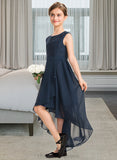 Janessa A-Line Scoop Neck Asymmetrical Chiffon Lace Junior Bridesmaid Dress With Bow(s) Cascading Ruffles STIP0013373