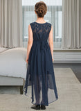 Janessa A-Line Scoop Neck Asymmetrical Chiffon Lace Junior Bridesmaid Dress With Bow(s) Cascading Ruffles STIP0013373