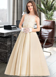 Jazlynn Ball-Gown/Princess Scoop Neck Floor-Length Satin Lace Junior Bridesmaid Dress STIP0013374