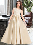 Jazlynn Ball-Gown/Princess Scoop Neck Floor-Length Satin Lace Junior Bridesmaid Dress STIP0013374