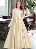 Jazlynn Ball-Gown/Princess Scoop Neck Floor-Length Satin Lace Junior Bridesmaid Dress STIP0013374